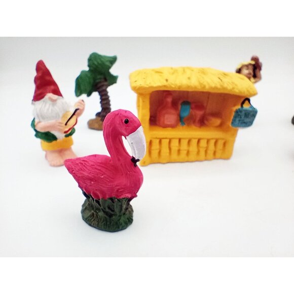 Fairy Garden Gnome Tiki Bar Hula Dancer Flamingos Ukulele Palm Tree 7 Piece Set - Picture 3 of 14